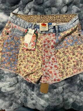 FARM Rio Patchwork Floral Denim Shorts in Blue, Yellow, Pink